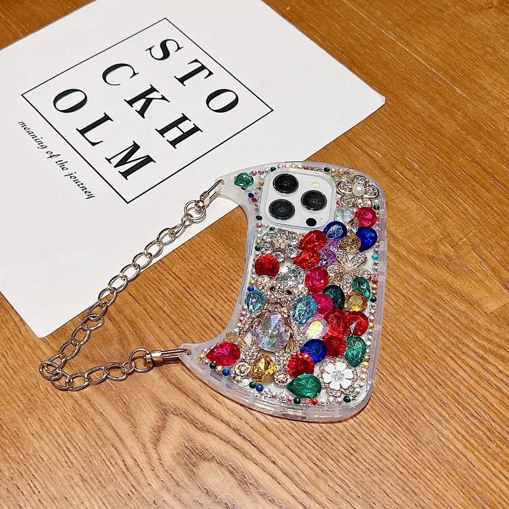 Colorful Diamond Phone Case With Metal Chain Strap - iPhone 14 Pro Max