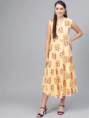 Cream Multi Colored Floral Sleeveless A- line dress with Mandarin Color