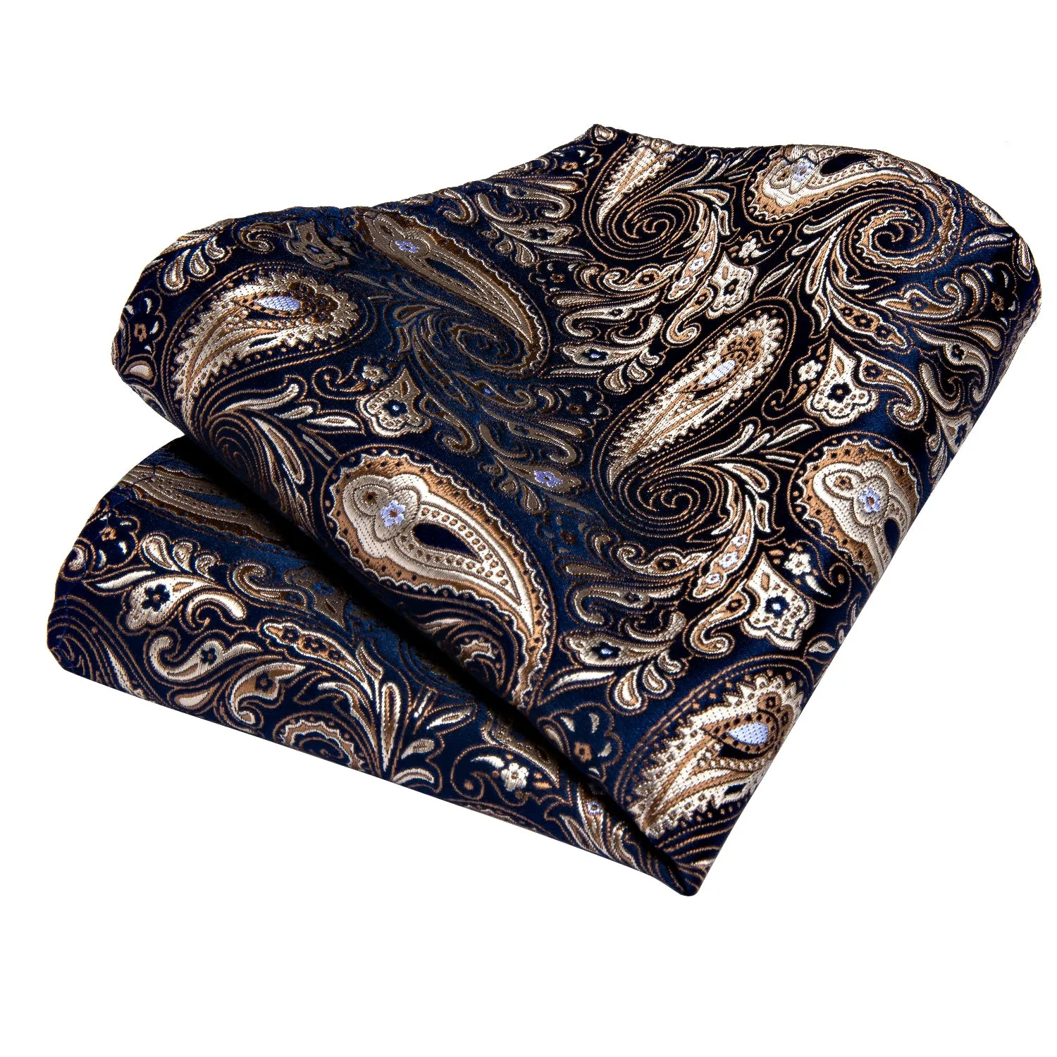 Dark Blue Silk Shining Paisley Tie Pocket Square Cufflinks Set with Spacious Ring