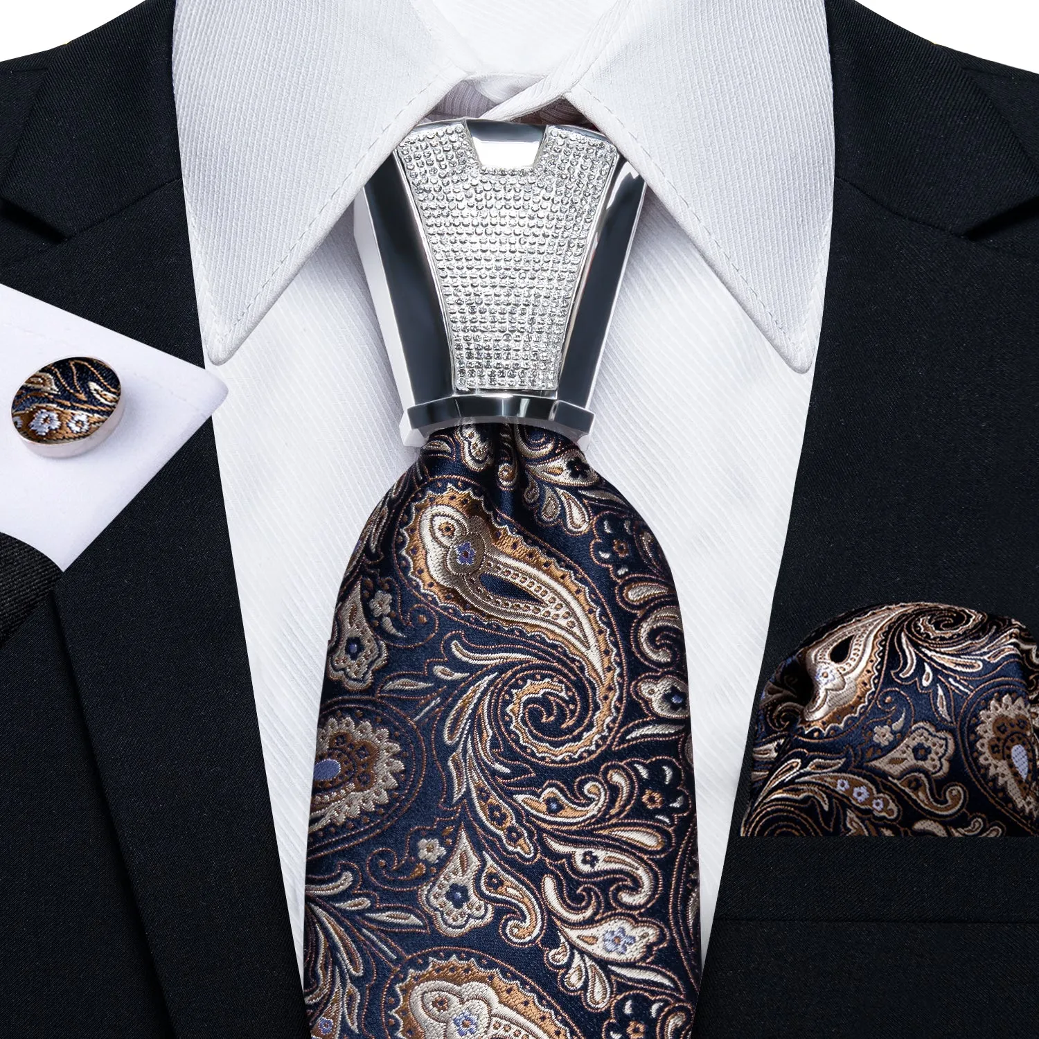 Dark Blue Silk Shining Paisley Tie Pocket Square Cufflinks Set with Spacious Ring