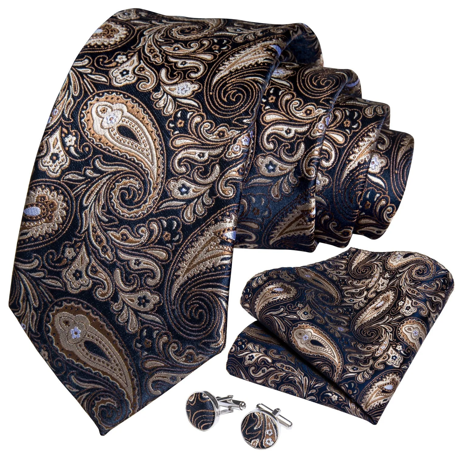 Dark Blue Silk Shining Paisley Tie Pocket Square Cufflinks Set with Spacious Ring