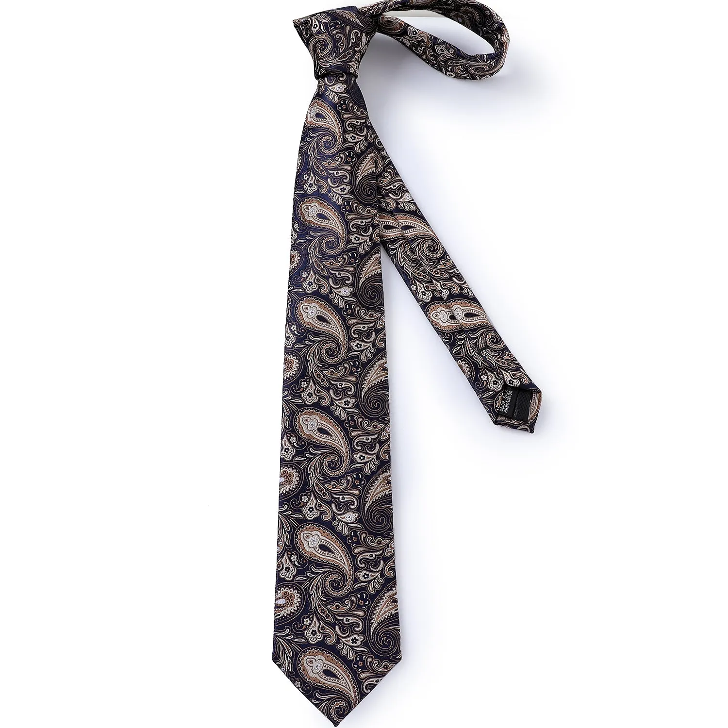 Dark Blue Silk Shining Paisley Tie Pocket Square Cufflinks Set with Spacious Ring