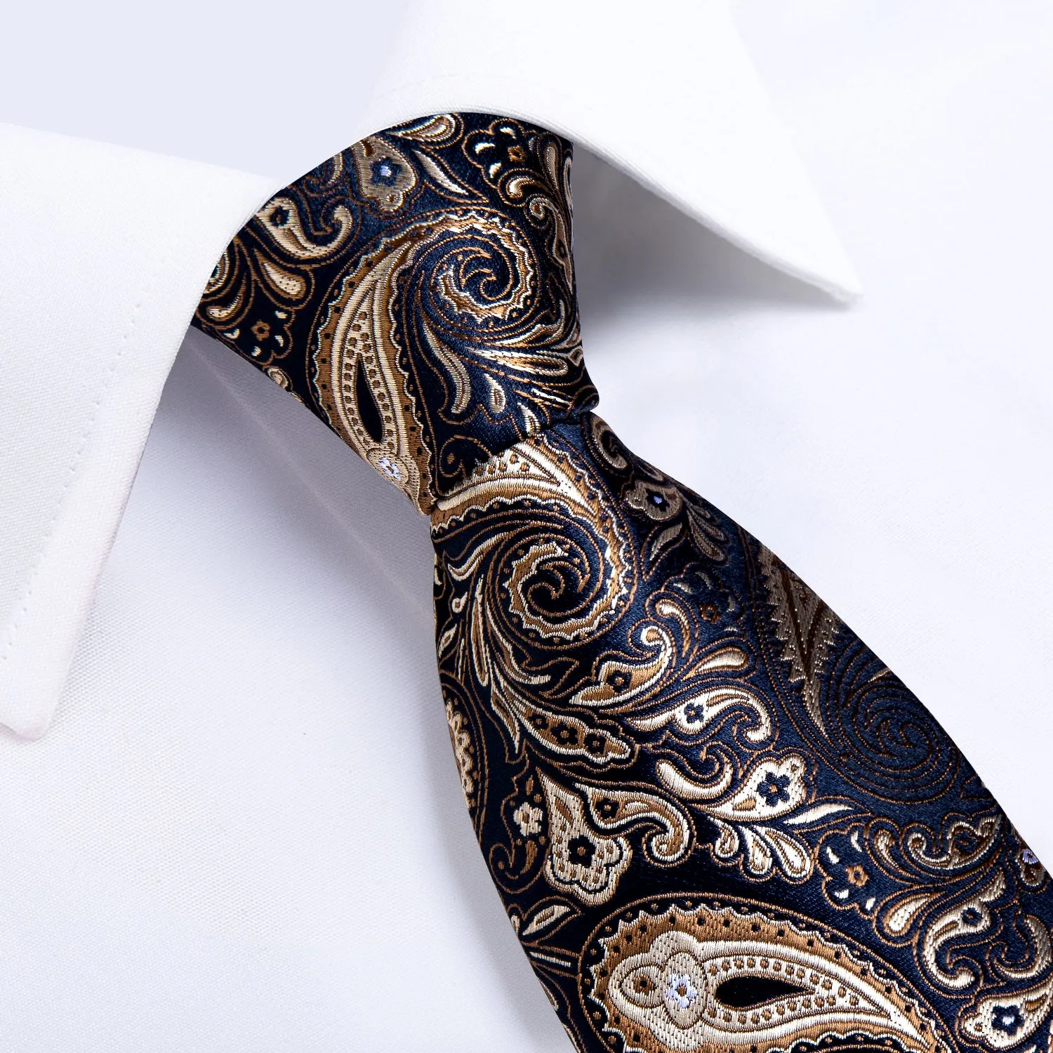 Dark Blue Silk Shining Paisley Tie Pocket Square Cufflinks Set with Spacious Ring