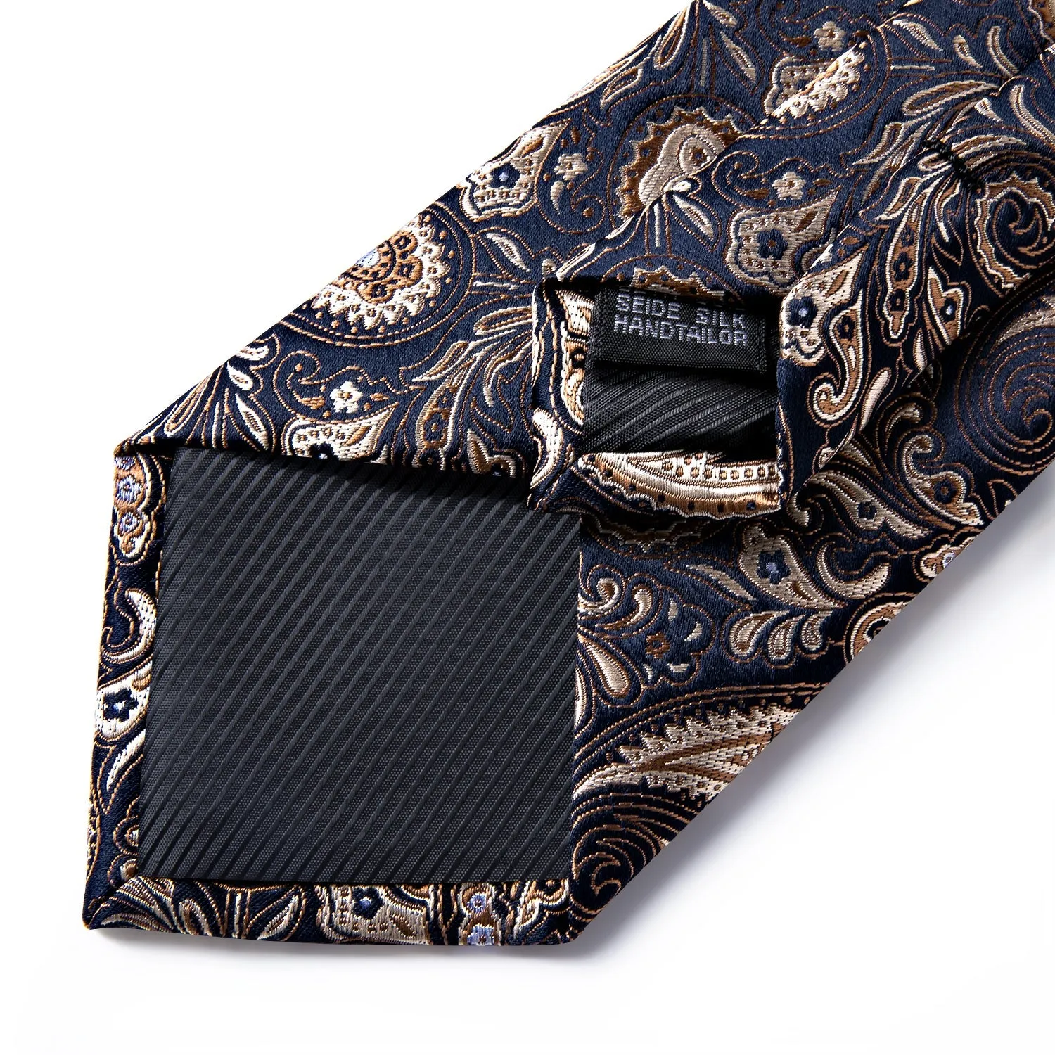 Dark Blue Silk Shining Paisley Tie Pocket Square Cufflinks Set with Spacious Ring