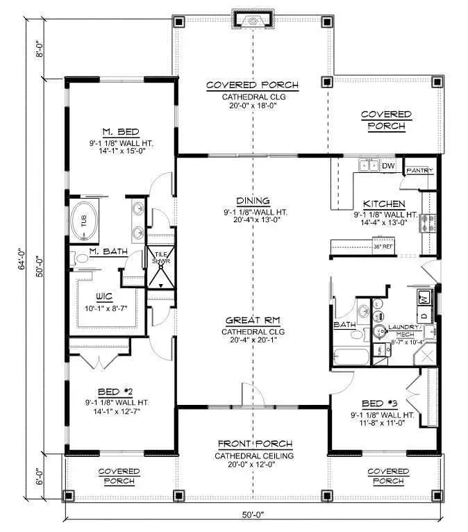 Elegant 3-Bedroom Home Plan with Spacious Porch and Front Garage