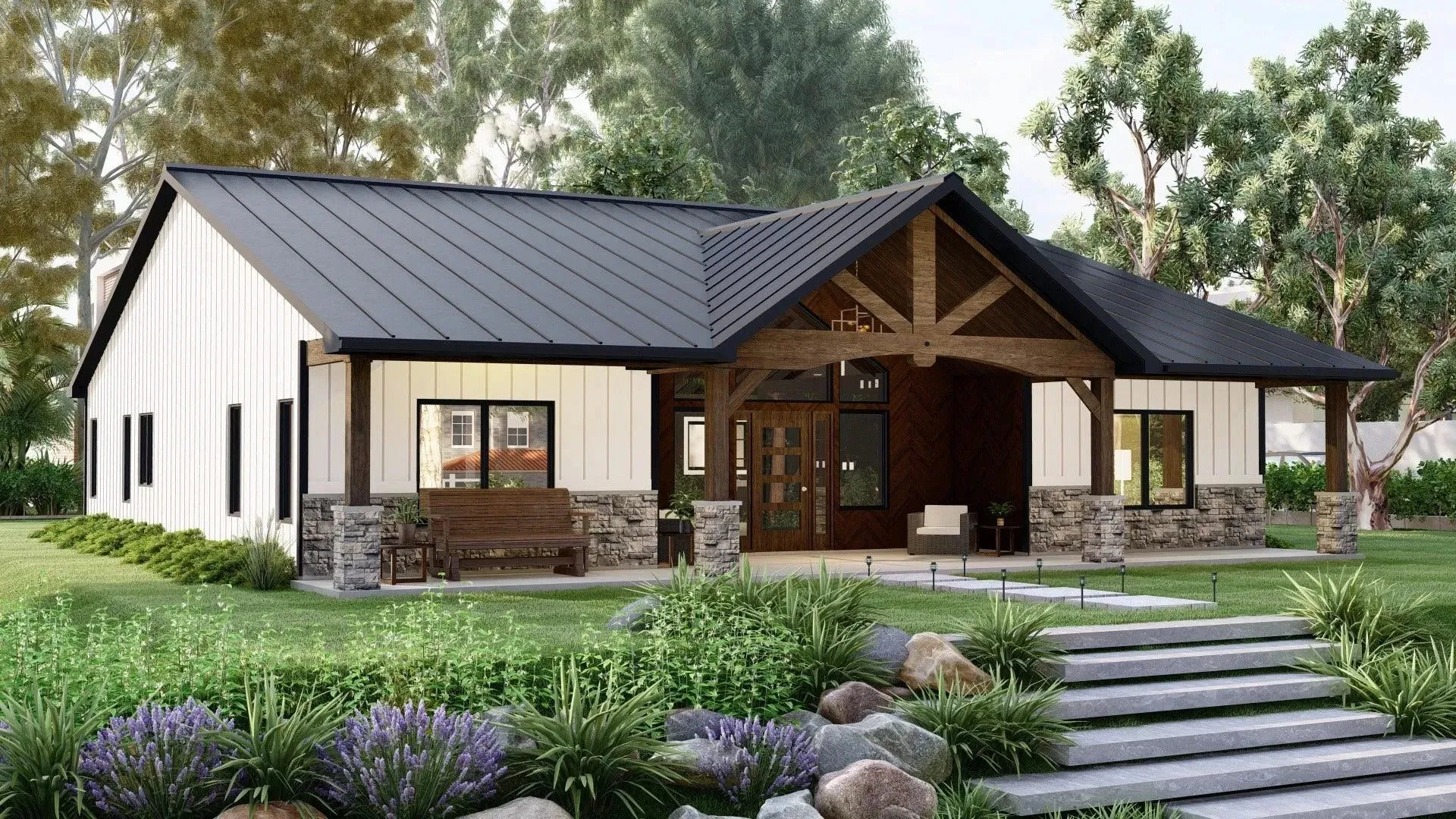 Elegant 3-Bedroom Home Plan with Spacious Porch and Front Garage