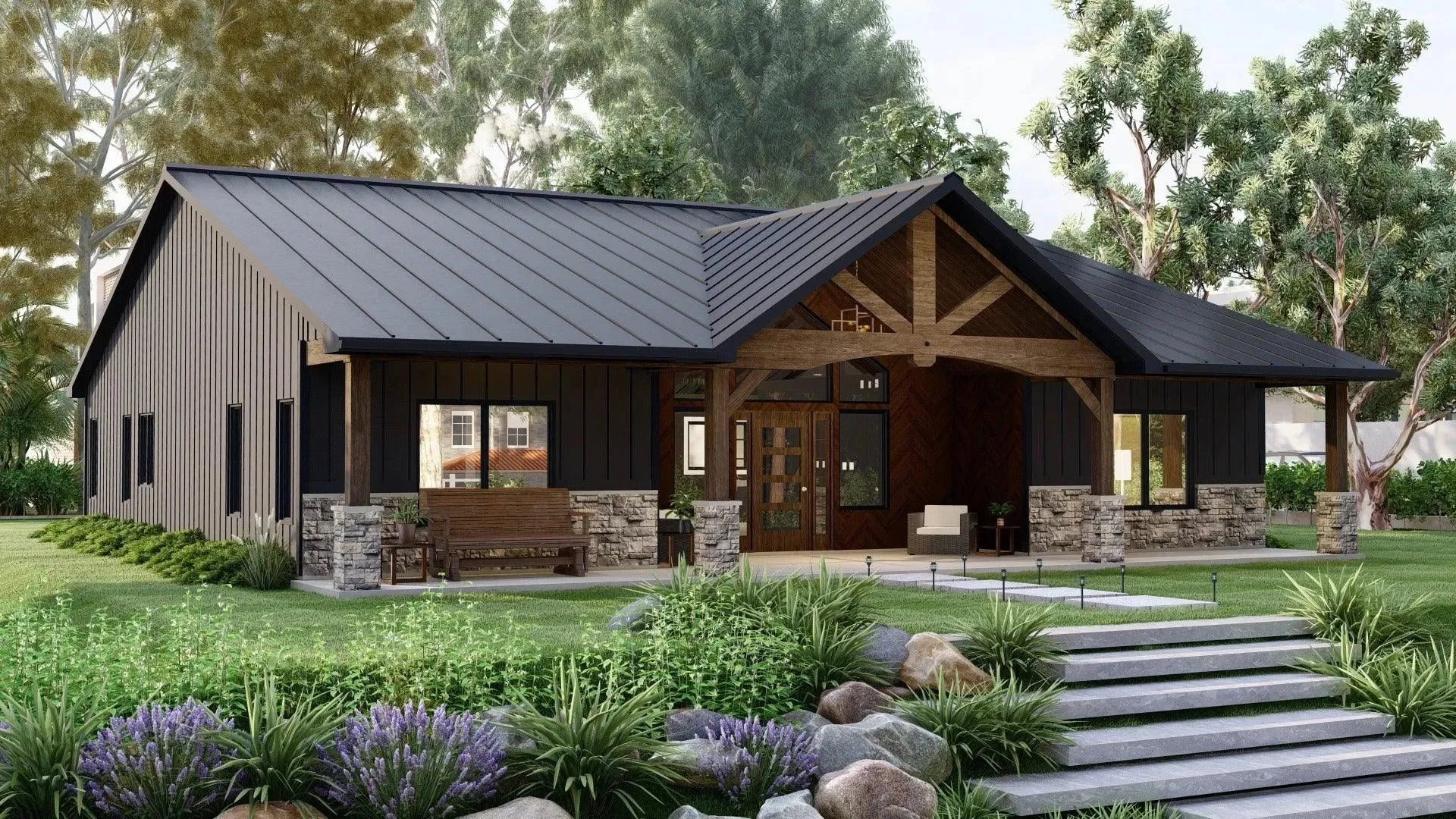 Elegant 3-Bedroom Home Plan with Spacious Porch and Front Garage