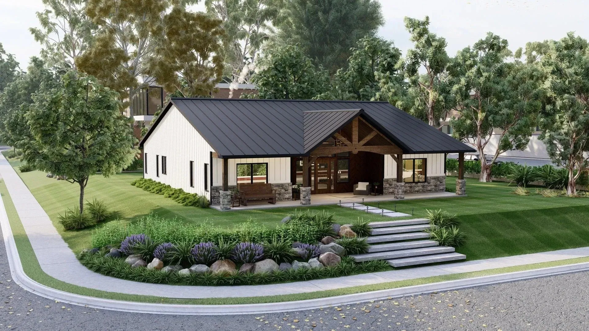 Elegant 3-Bedroom Home Plan with Spacious Porch and Front Garage