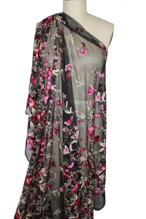 Embroidered Double Border Floral Mesh Lace - Reds/Gold/Ivory on Black
