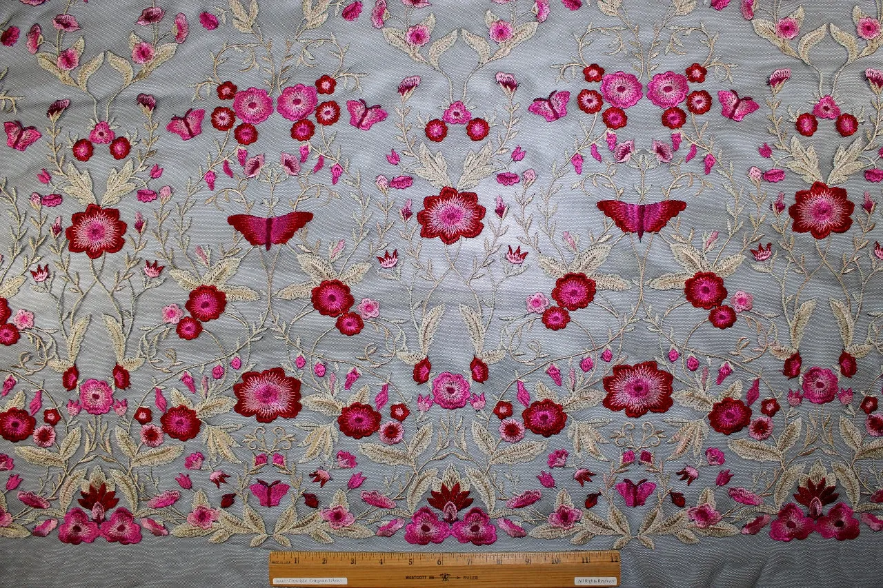 Embroidered Double Border Floral Mesh Lace - Reds/Gold/Ivory on Black