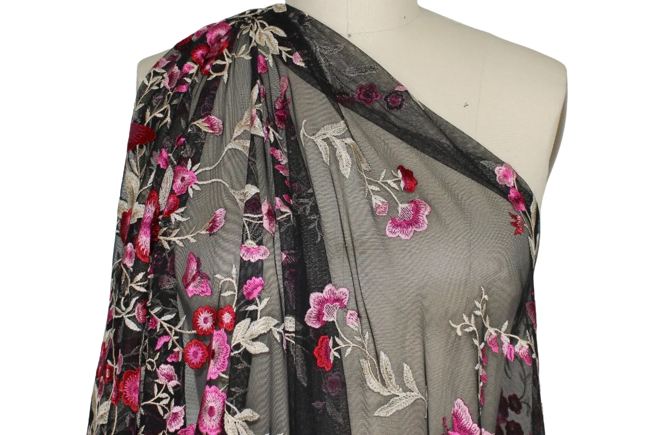 Embroidered Double Border Floral Mesh Lace - Reds/Gold/Ivory on Black