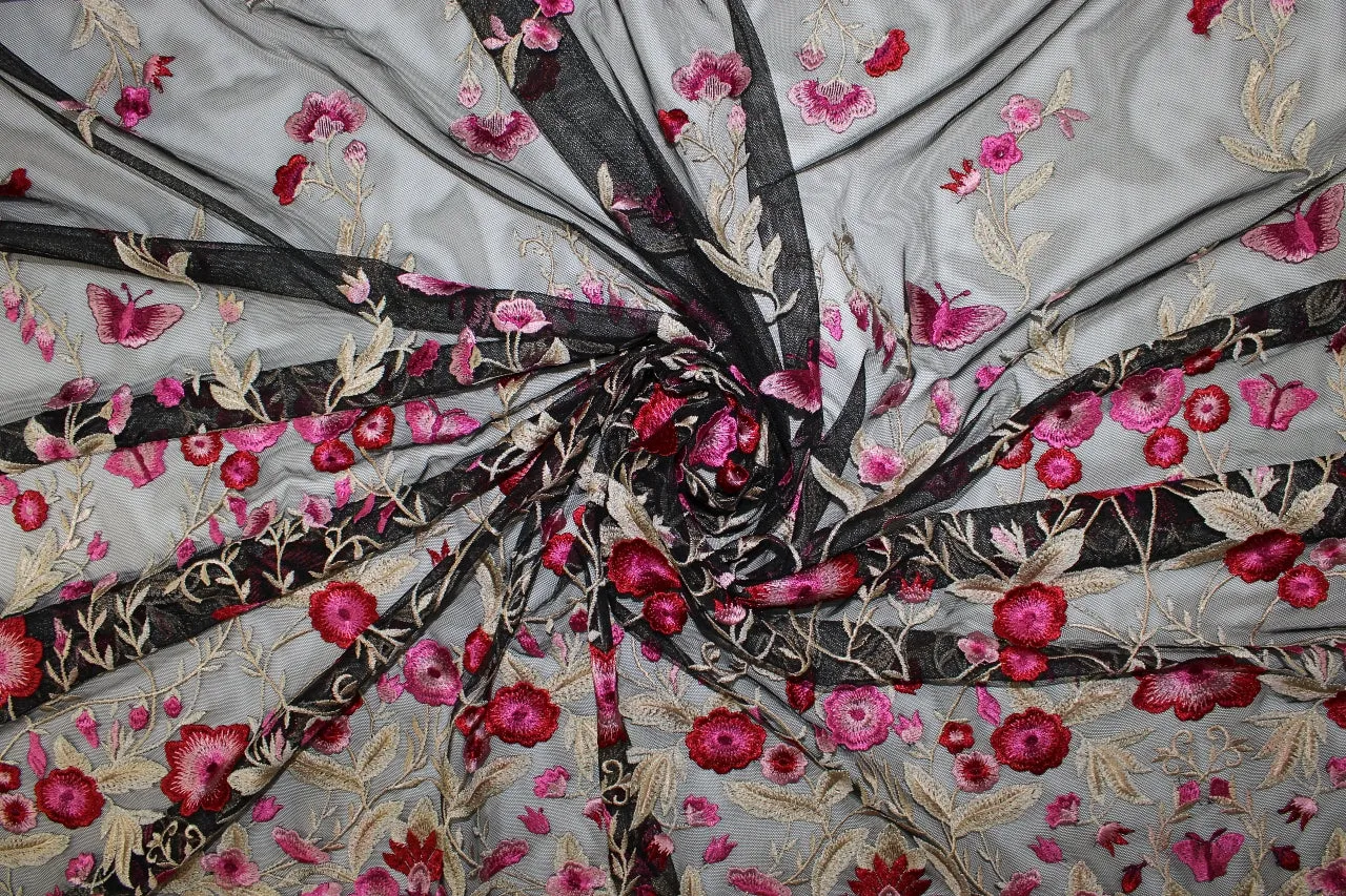 Embroidered Double Border Floral Mesh Lace - Reds/Gold/Ivory on Black