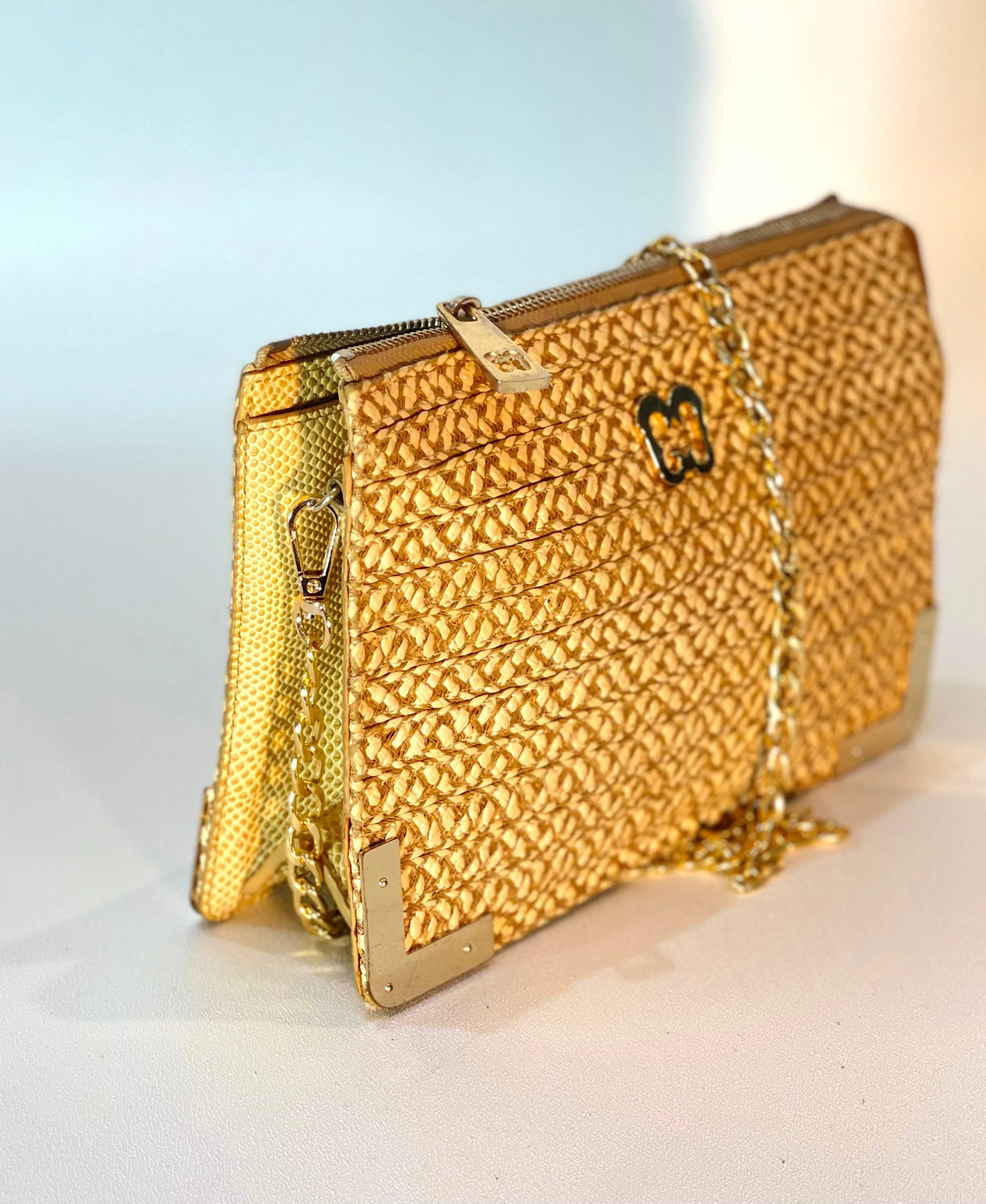 ERIC JAVITS Chain Purse  Designer Crossbody Handbag Woven Clutch Beach Bamboo Straw Evening Bag