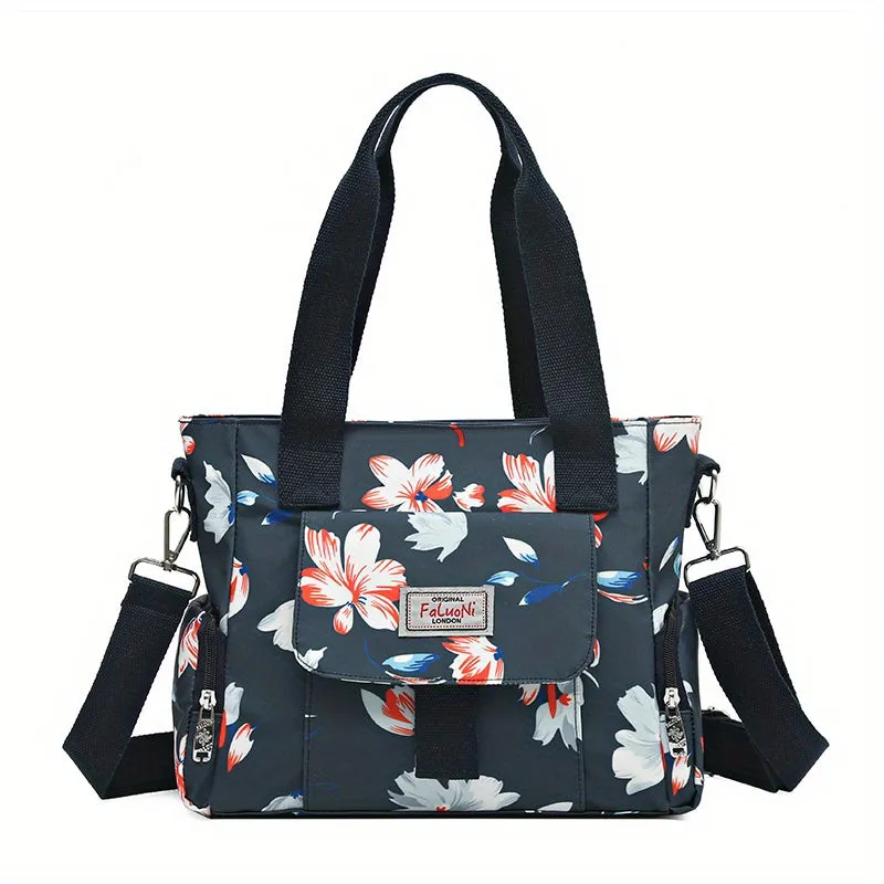 Flower Pattern Tote Bag, Fashion Nylon Crossbody Bag, Large Capacity Mommy Handbag