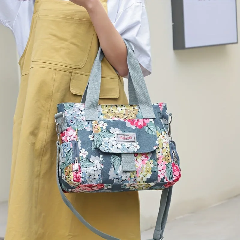 Flower Pattern Tote Bag, Fashion Nylon Crossbody Bag, Large Capacity Mommy Handbag
