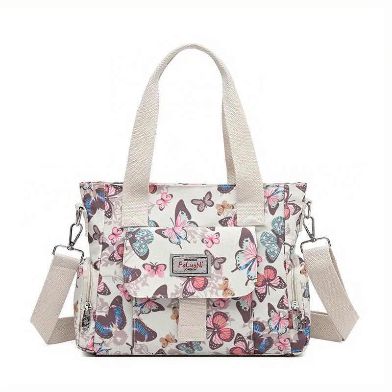 Flower Pattern Tote Bag, Fashion Nylon Crossbody Bag, Large Capacity Mommy Handbag