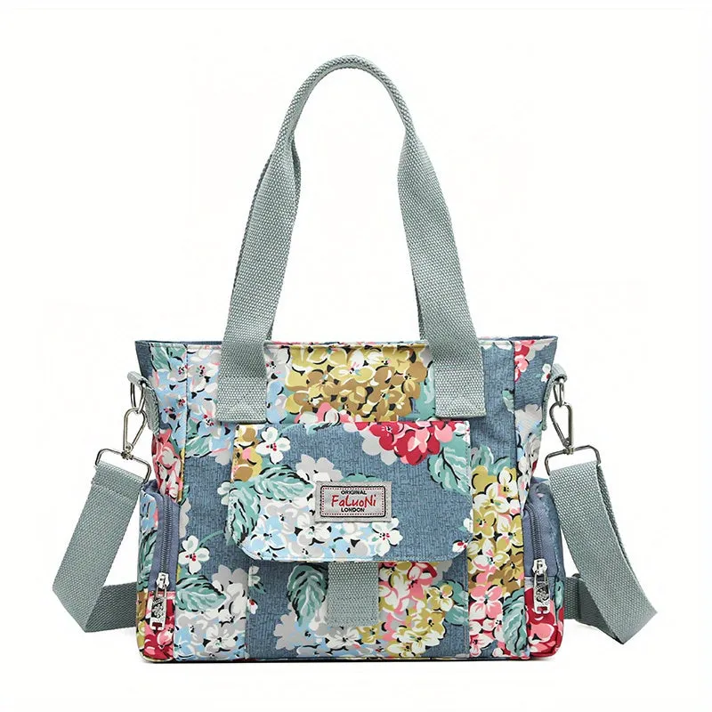 Flower Pattern Tote Bag, Fashion Nylon Crossbody Bag, Large Capacity Mommy Handbag