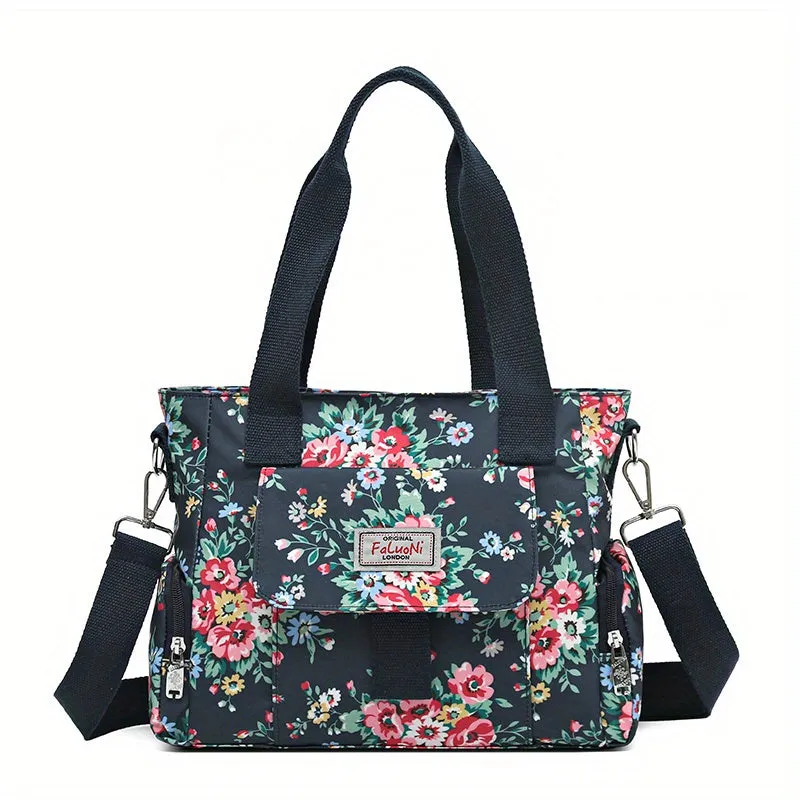 Flower Pattern Tote Bag, Fashion Nylon Crossbody Bag, Large Capacity Mommy Handbag