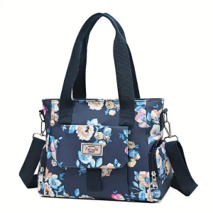 Flower Pattern Tote Bag, Fashion Nylon Crossbody Bag, Large Capacity Mommy Handbag