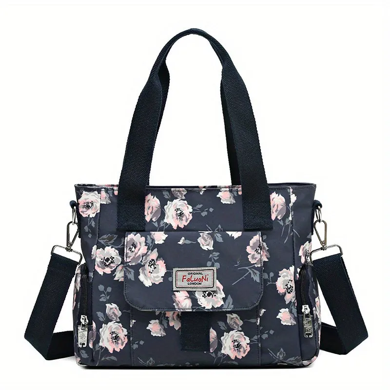 Flower Pattern Tote Bag, Fashion Nylon Crossbody Bag, Large Capacity Mommy Handbag