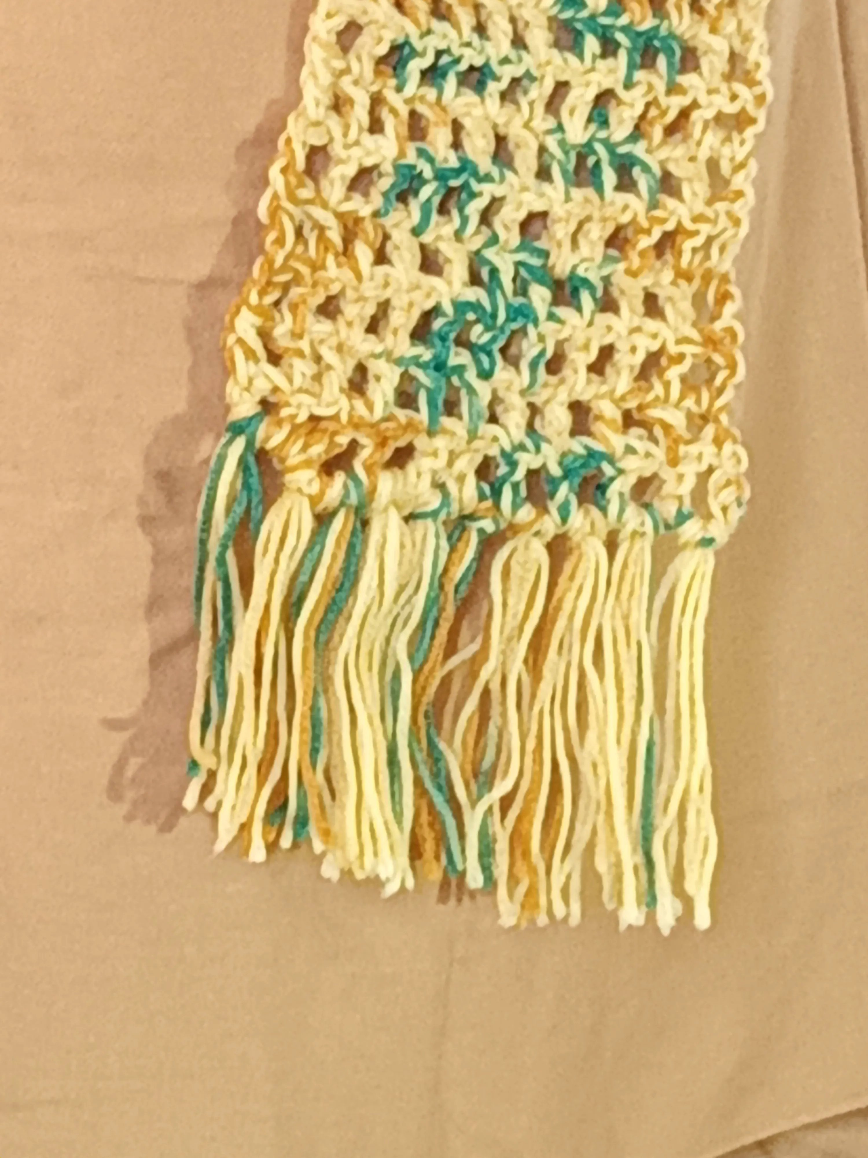 Gold multi colored scarf with fringe.