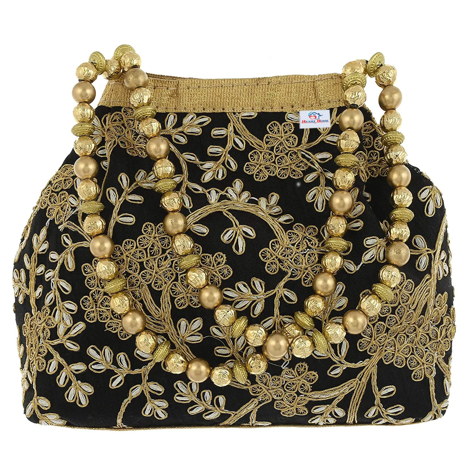 Heart Home Attractive Embroidery Polyester Hand Purse & Artificial Pearls Handle With 3 Magnetic Lock for Woman,Girls (Black)