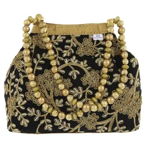 Heart Home Attractive Embroidery Polyester Hand Purse & Artificial Pearls Handle With 3 Magnetic Lock for Woman,Girls (Black)