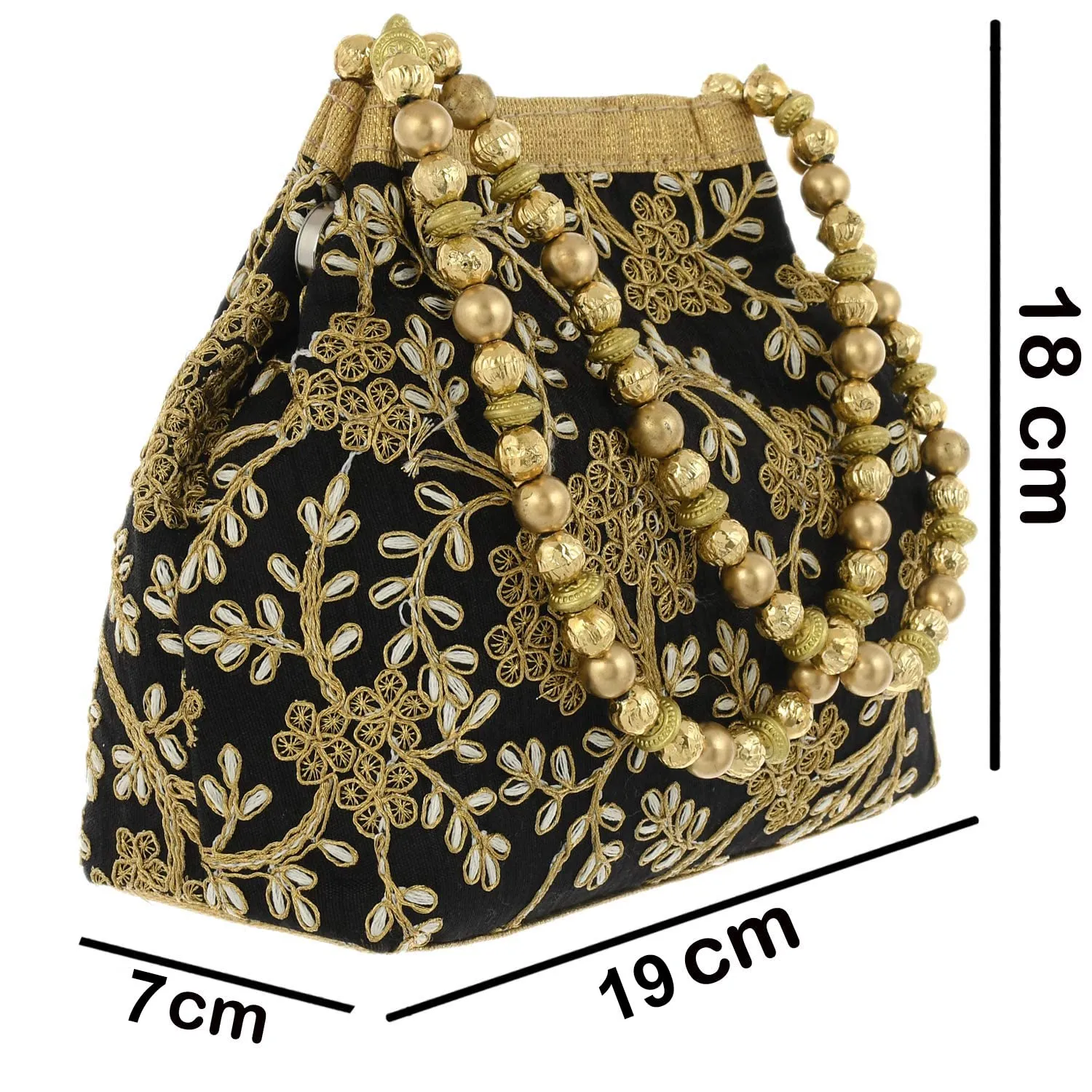 Heart Home Attractive Embroidery Polyester Hand Purse & Artificial Pearls Handle With 3 Magnetic Lock for Woman,Girls (Black)