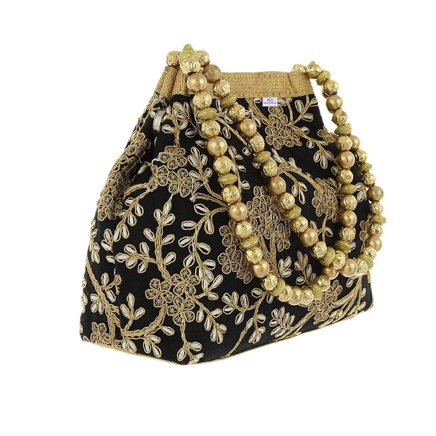 Heart Home Attractive Embroidery Polyester Hand Purse & Artificial Pearls Handle With 3 Magnetic Lock for Woman,Girls (Black)
