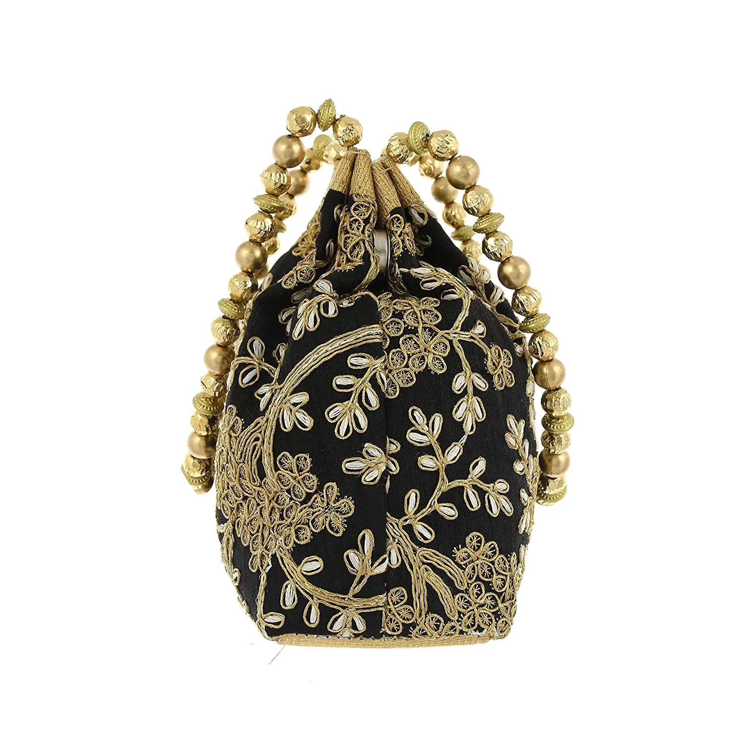 Heart Home Attractive Embroidery Polyester Hand Purse & Artificial Pearls Handle With 3 Magnetic Lock for Woman,Girls (Black)