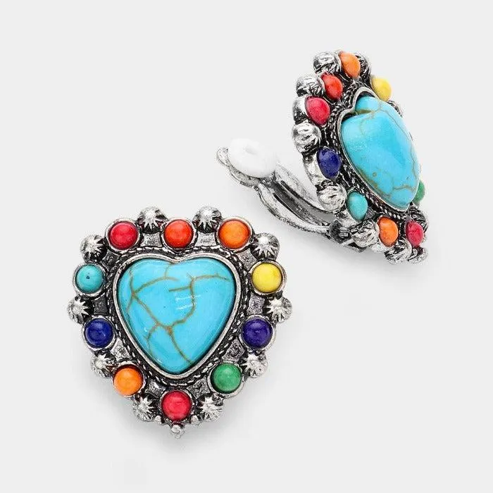 Heart Multi Colored Natural Stone Clip On Earrings