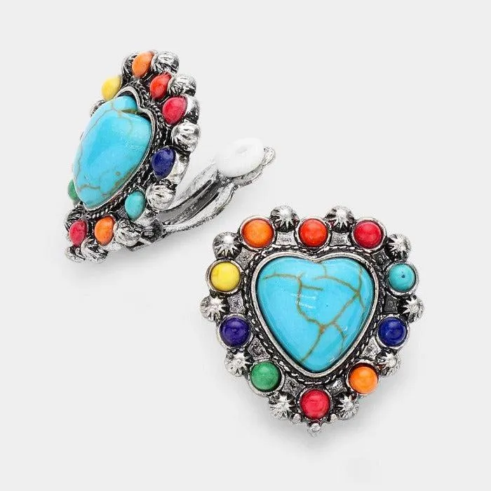 Heart Multi Colored Natural Stone Clip On Earrings