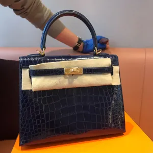 Hermès Kelly 25 Bleu Saphir Sellier Alligator Mississippi Lisse Gold Hardware GHW