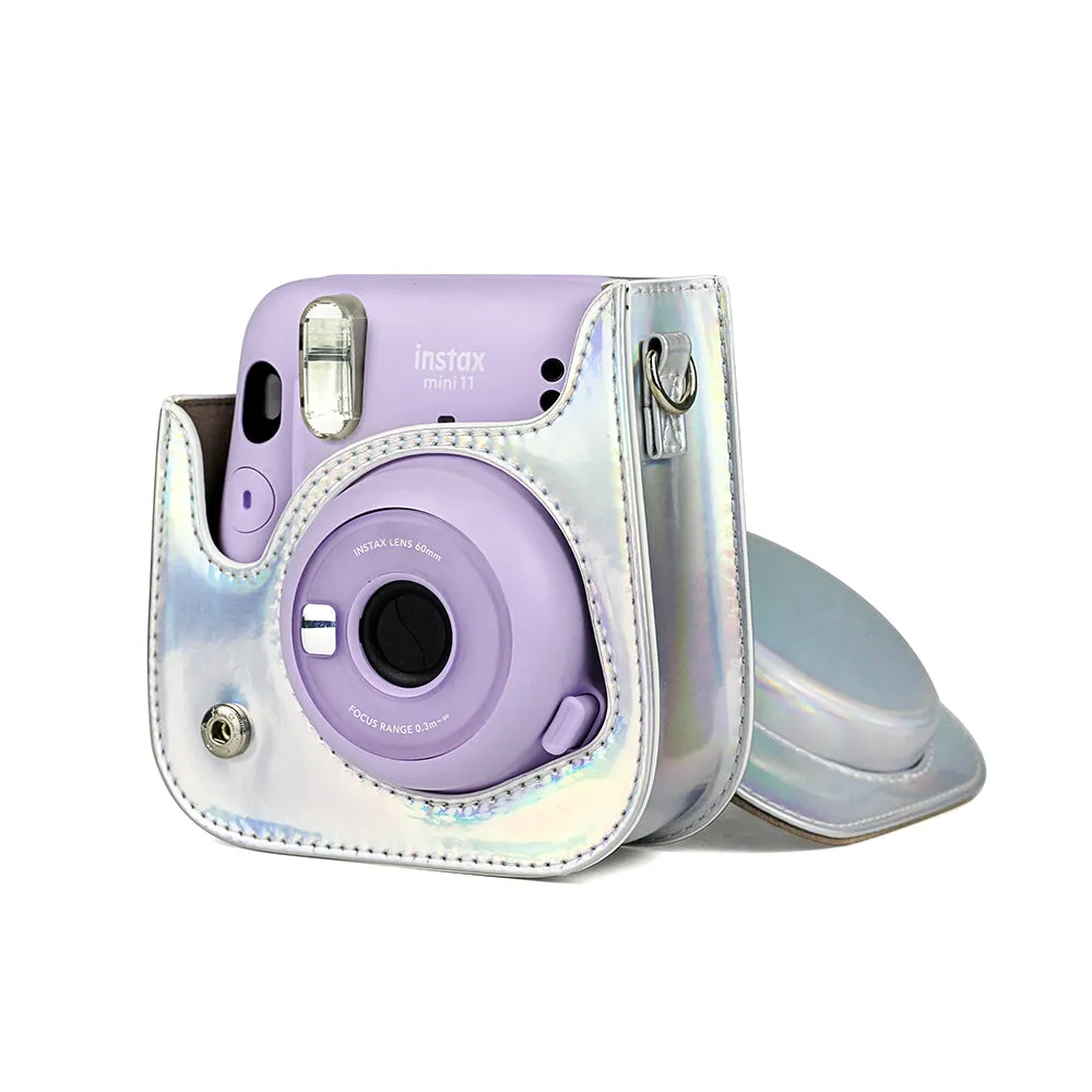 Holographic Case for Fujifilm Instax Mini 11 Case PU Leather Instant Camera Cover with Adjustable Strap Silver