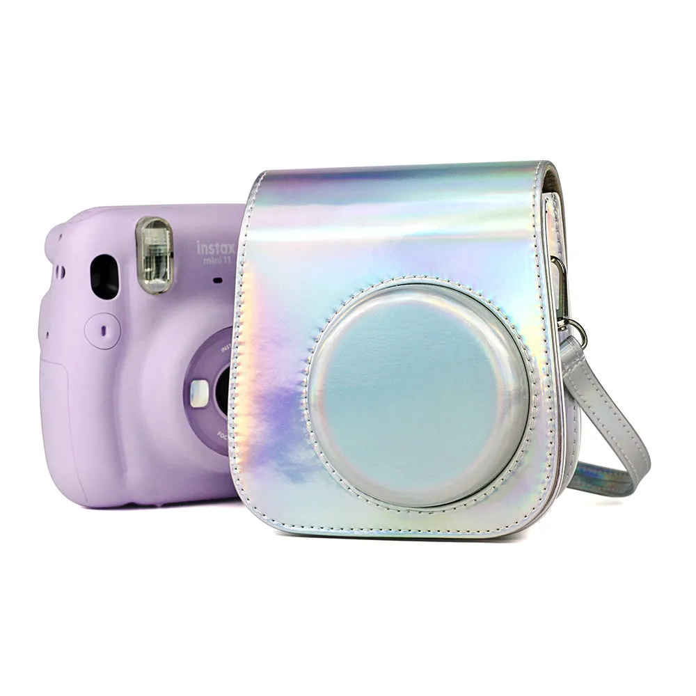Holographic Case for Fujifilm Instax Mini 11 Case PU Leather Instant Camera Cover with Adjustable Strap Silver