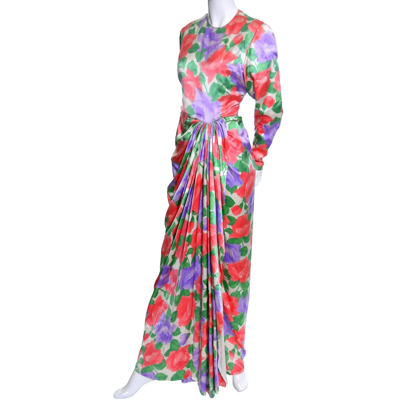 James Galanos Vintage Dress Floral Silk Evening Gown Draping