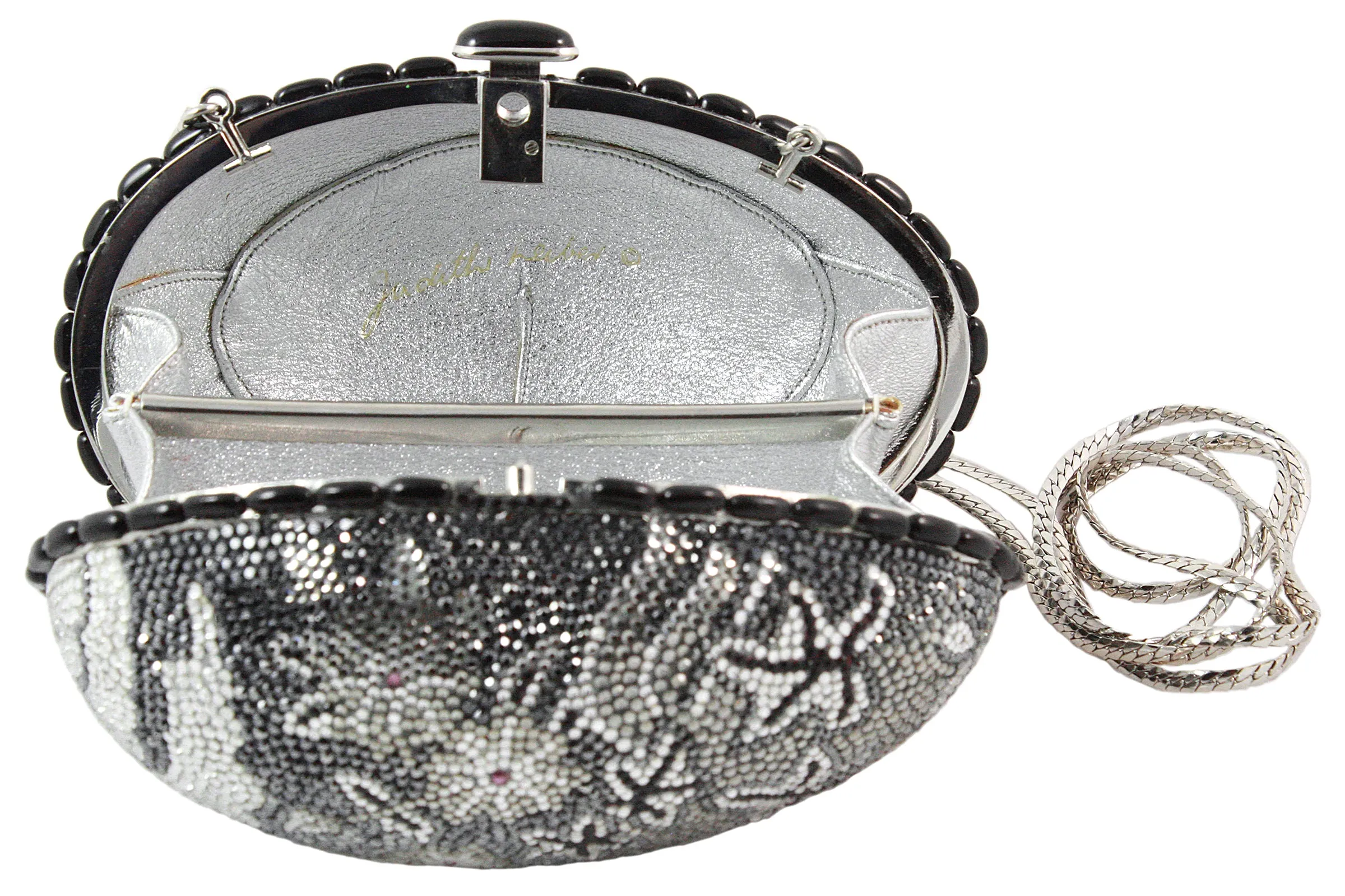JUDITH LEIBER Black Grey & Silver Rhinestone Egg Clutch