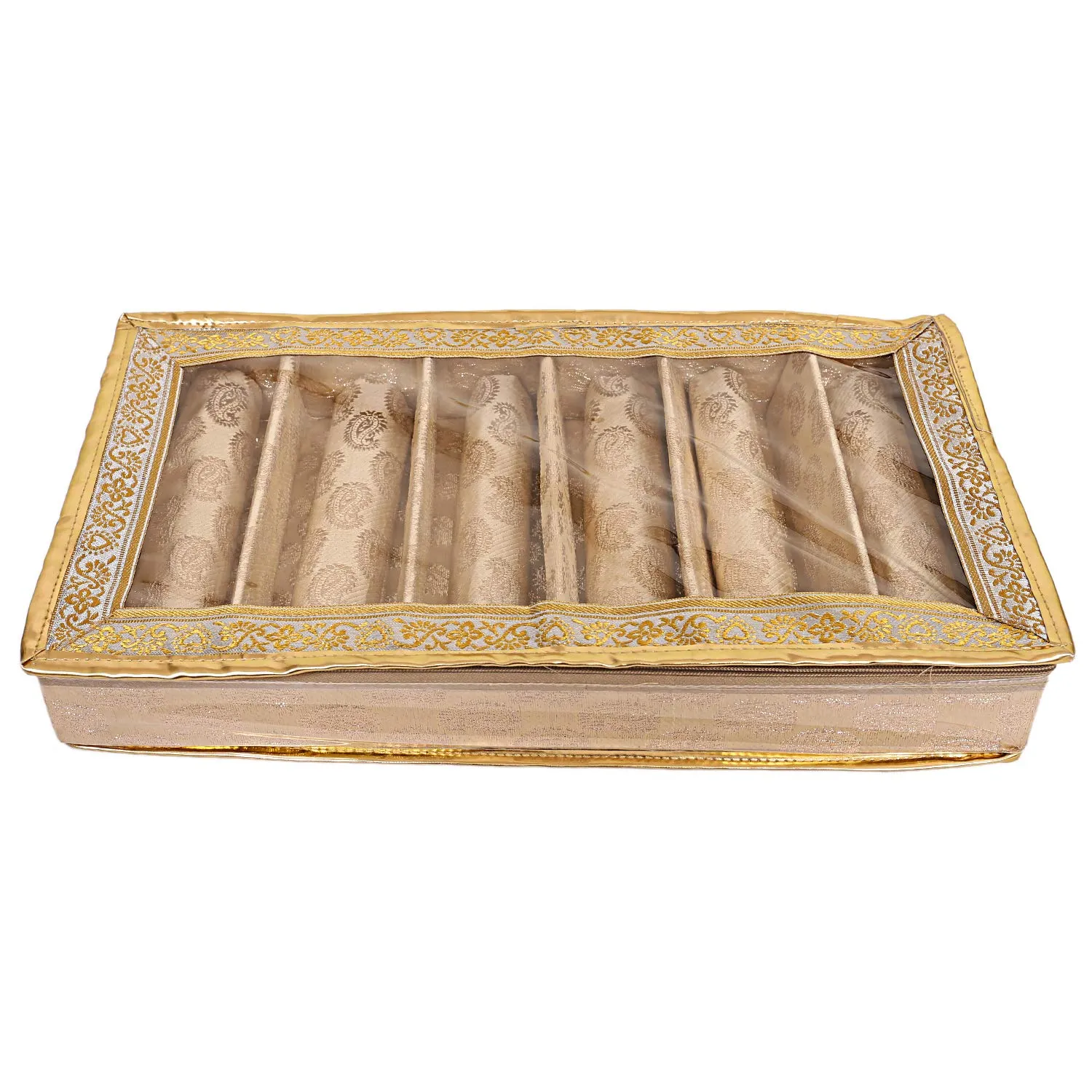 Kuber Industries Brocade Cloth Bangle Box|6 Rods & Durable Material|Transparent Window Design|Size 47 x 28 x 7 (Gold)