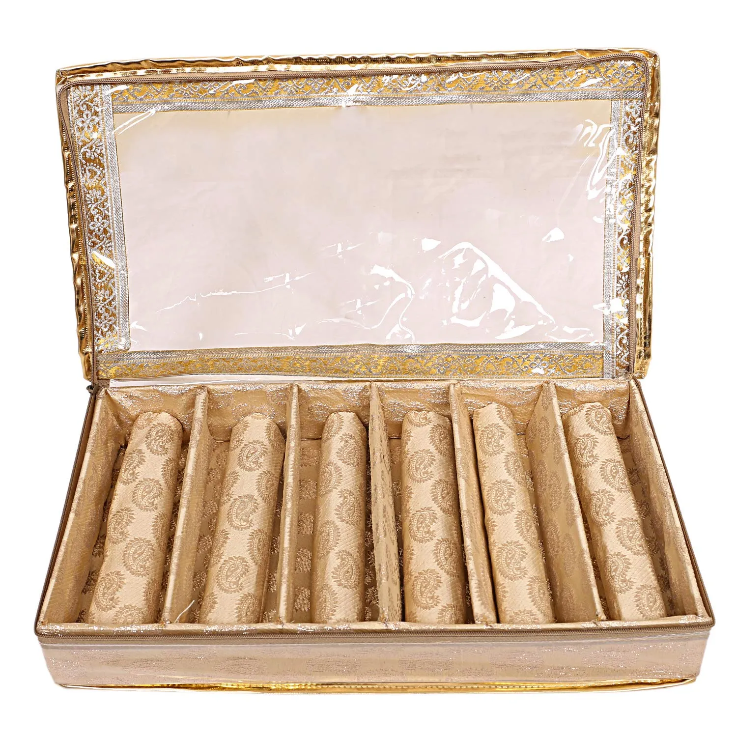 Kuber Industries Brocade Cloth Bangle Box|6 Rods & Durable Material|Transparent Window Design|Size 47 x 28 x 7 (Gold)