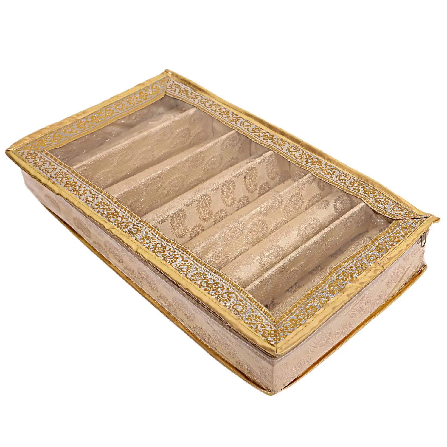 Kuber Industries Brocade Cloth Bangle Box|6 Rods & Durable Material|Transparent Window Design|Size 47 x 28 x 7 (Gold)