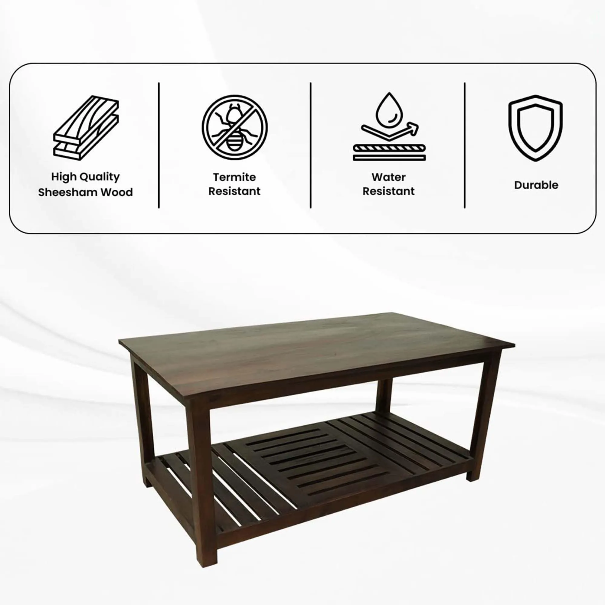 Kuber Industries Matte Finish Sheesham Wooden Center Table for Living Room | Wood Coffee Table for Living Room & Office with Storage | Brown