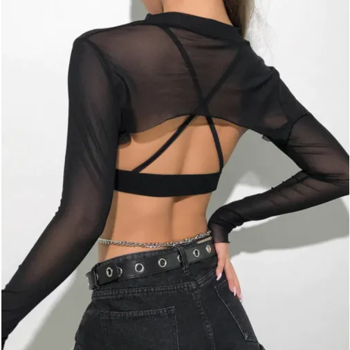 Long Sleeve See Through Mesh Fishnet Crop Top