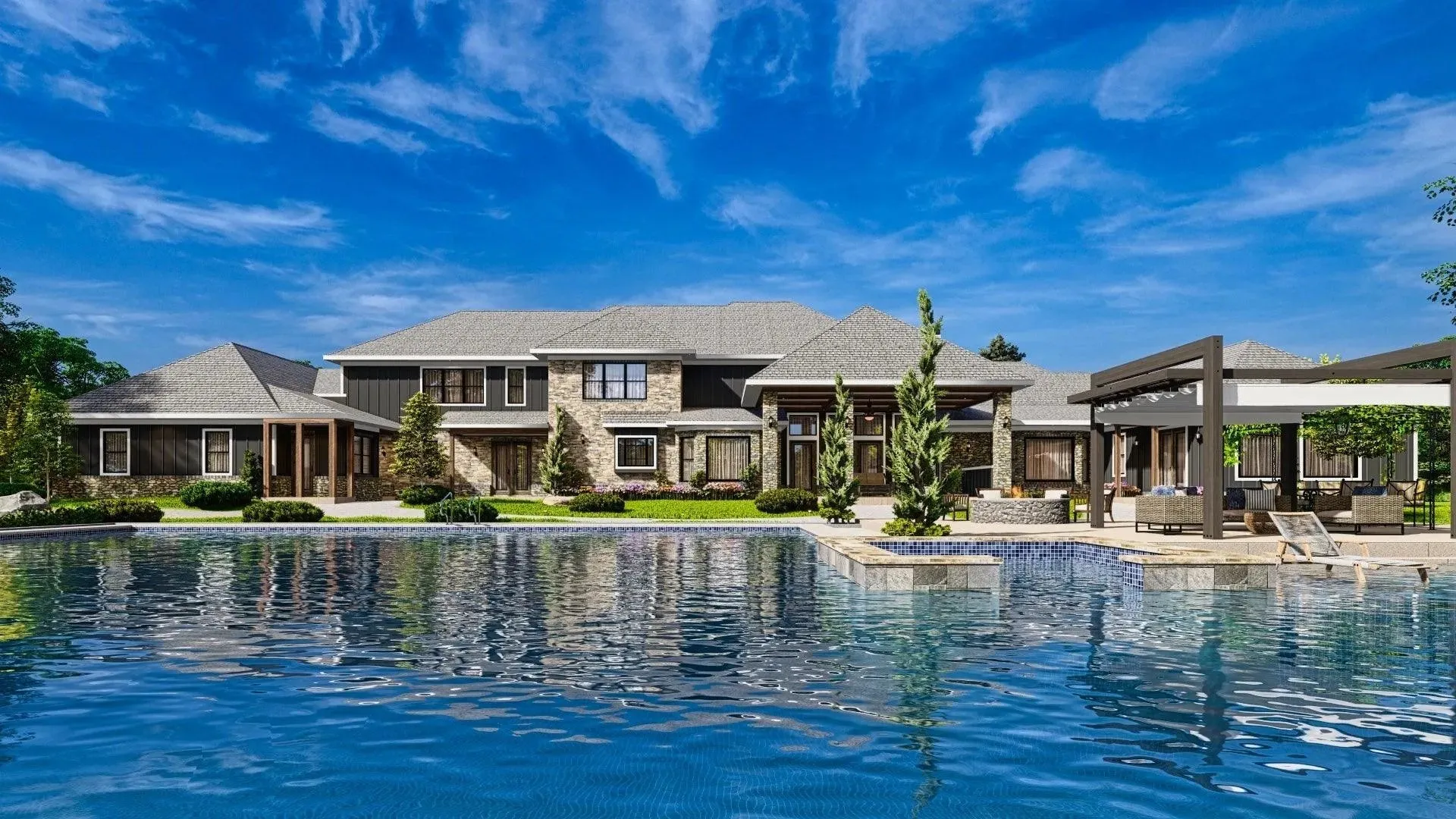 Luxurious 7-bedroom home with spacious living and elegant outdoor spaces.