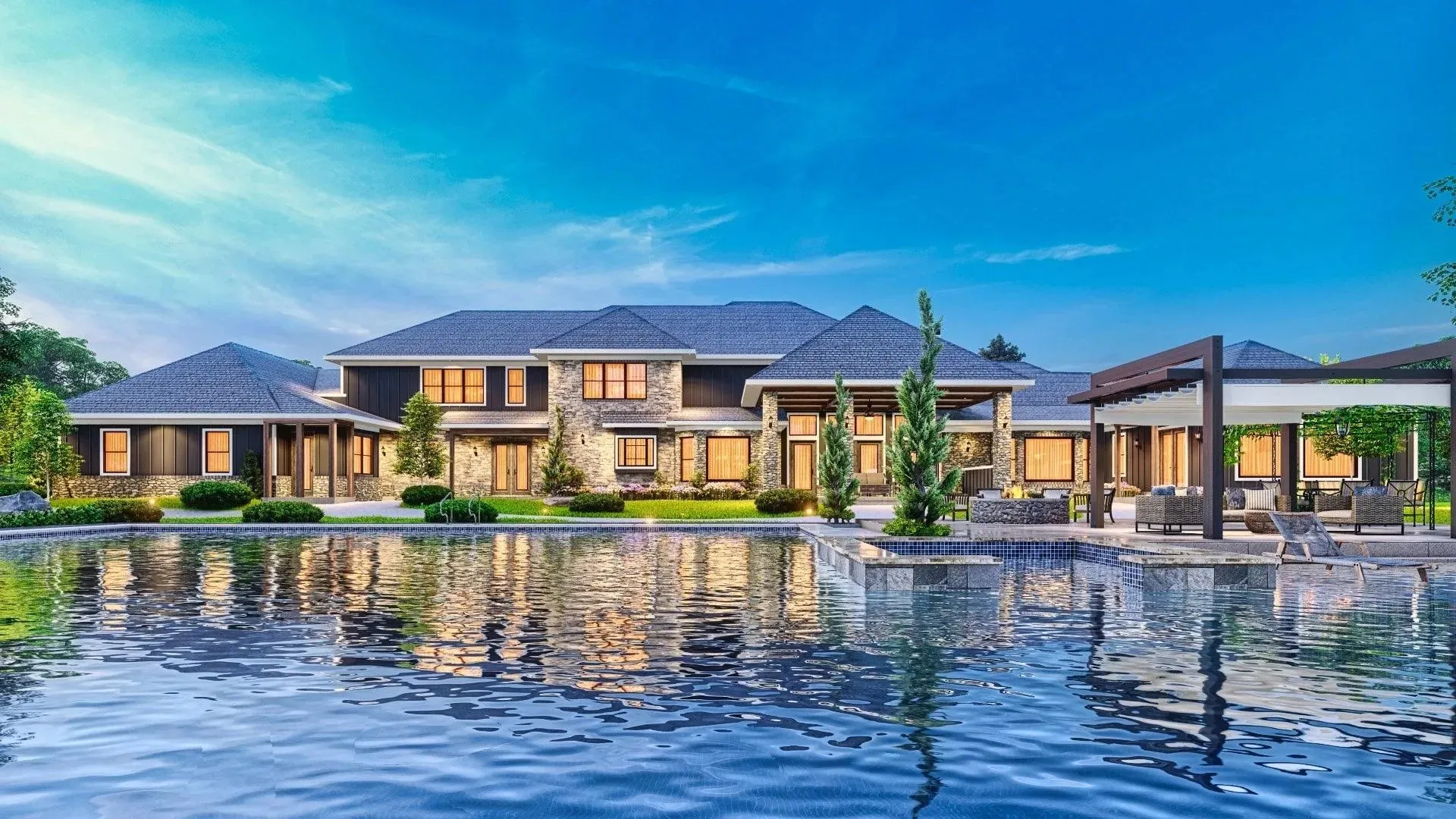 Luxurious 7-bedroom home with spacious living and elegant outdoor spaces.