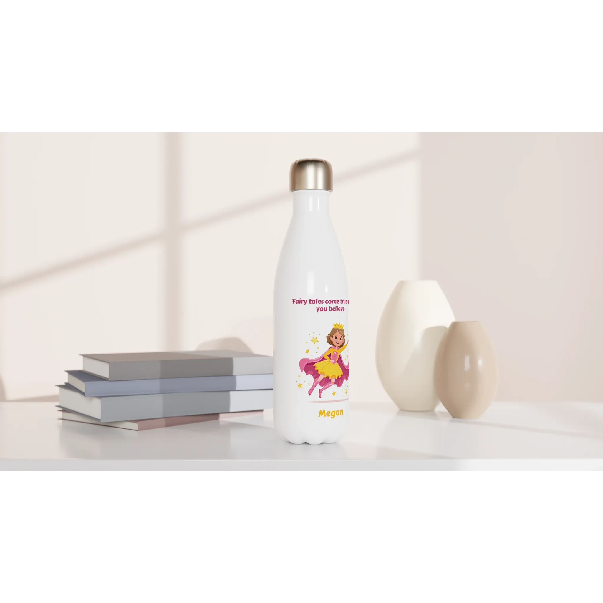 Magical Princess White 17oz Stainless Steel Water Bottle   Personalised Name
