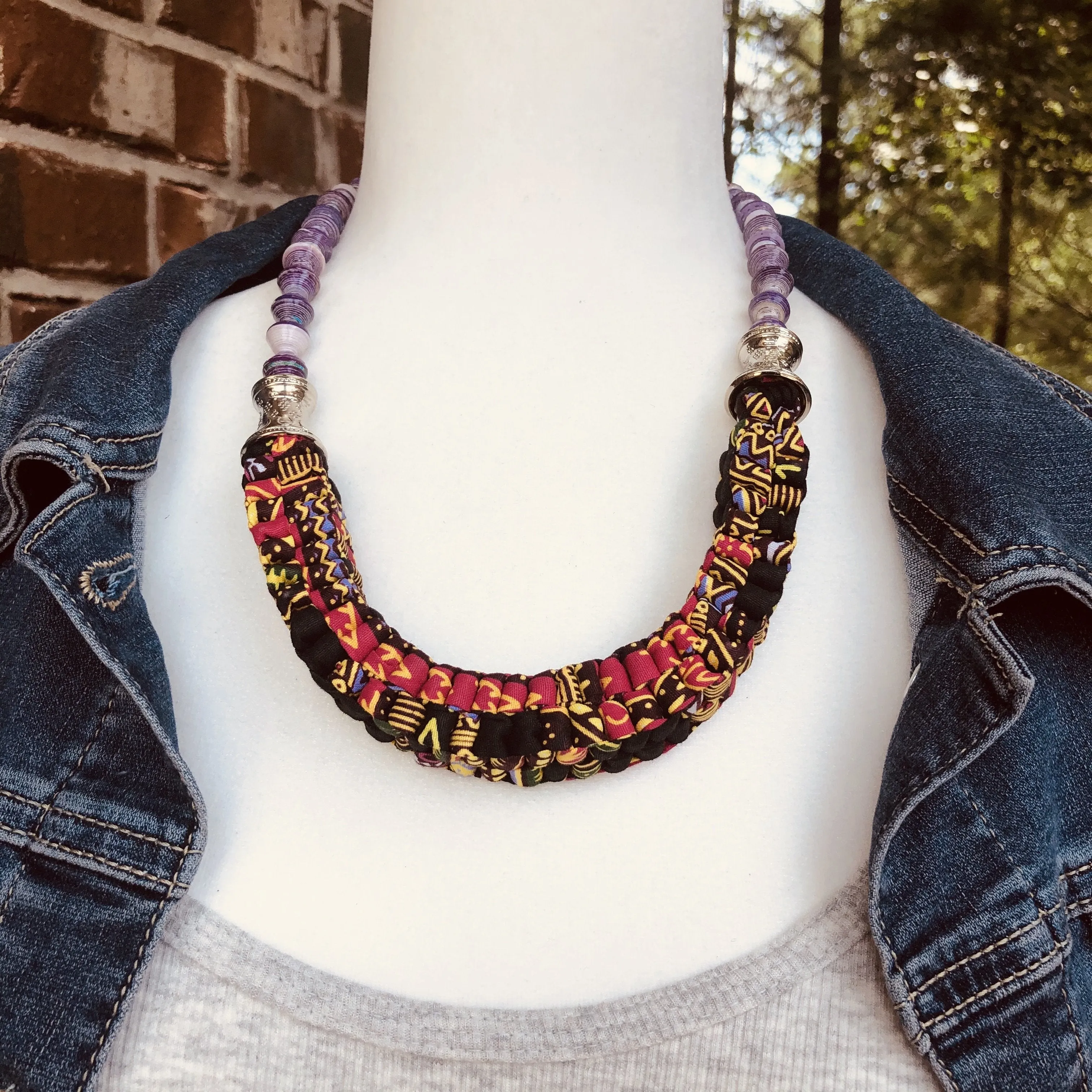 Mara Handmade Braided Necklace in Beads and Ankara Fabric (Available in 8 Colors)