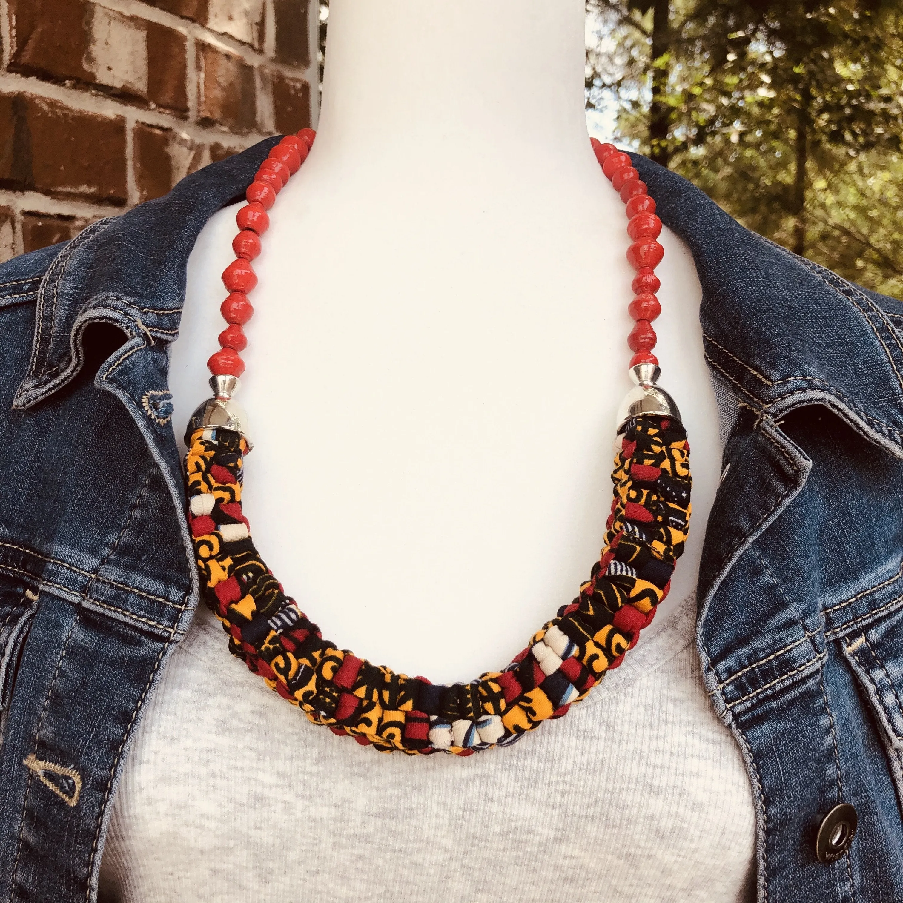 Mara Handmade Braided Necklace in Beads and Ankara Fabric (Available in 8 Colors)
