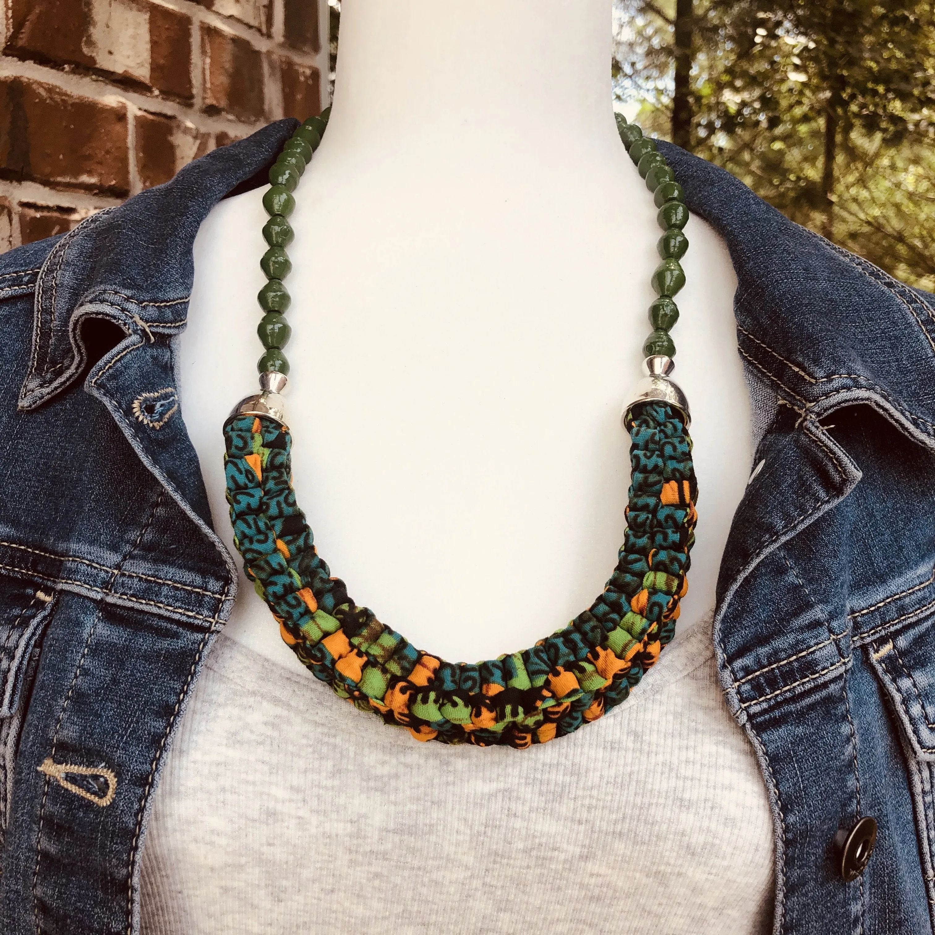 Mara Handmade Braided Necklace in Beads and Ankara Fabric (Available in 8 Colors)