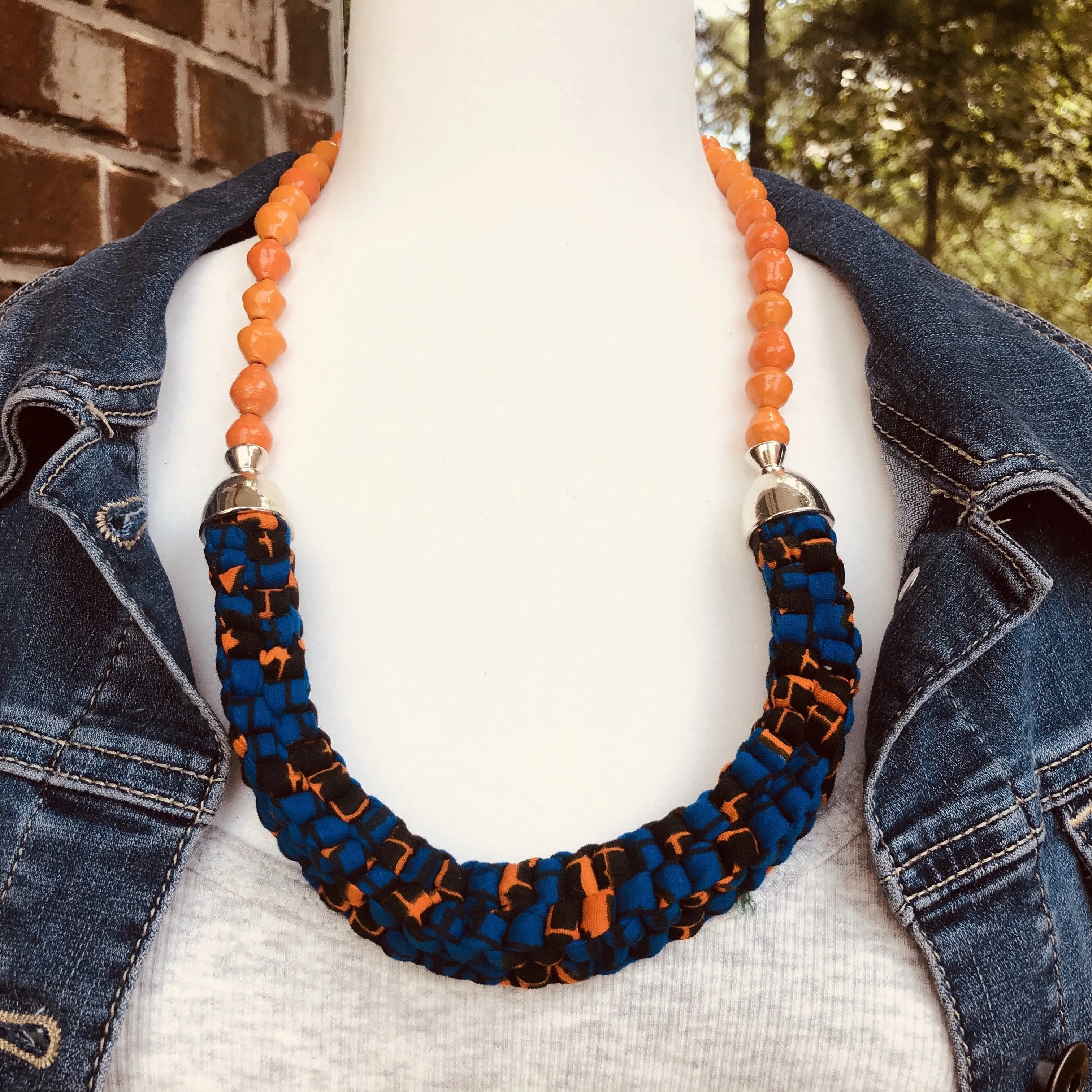 Mara Handmade Braided Necklace in Beads and Ankara Fabric (Available in 8 Colors)