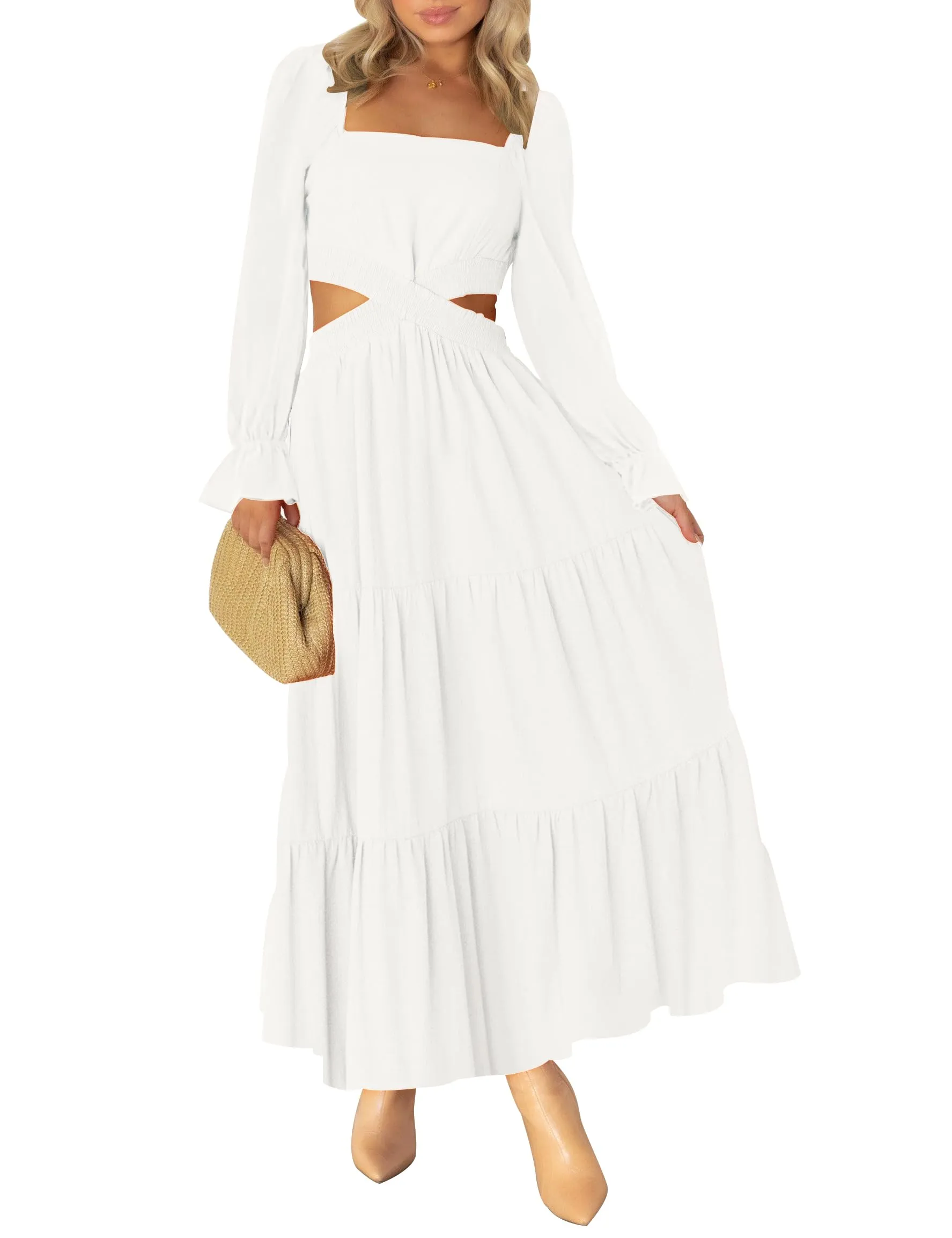MEROKEETY Square Neck Crossover Waist Cutout Maxi Dress